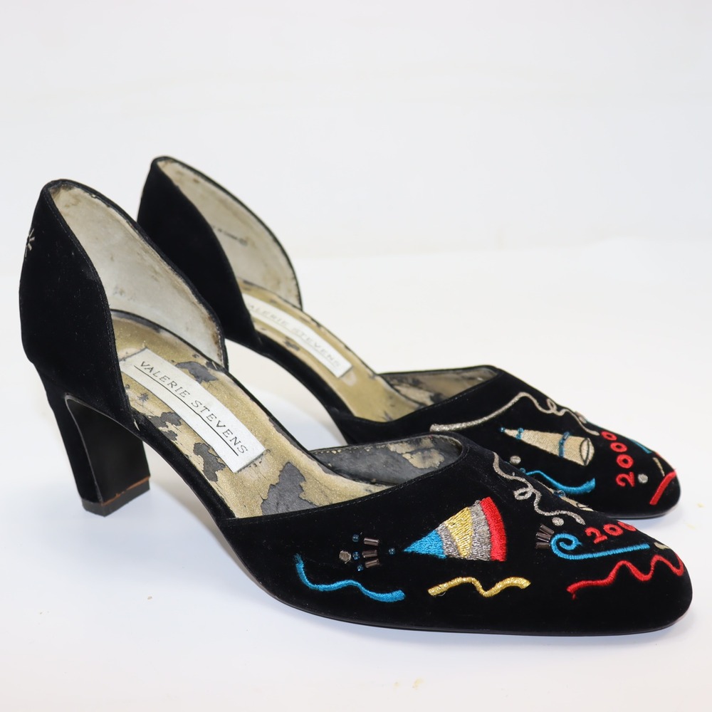 Valerie Stevens Embroidered Heels 9.5 Black Womens New Years Eve Y2K Party AS IS